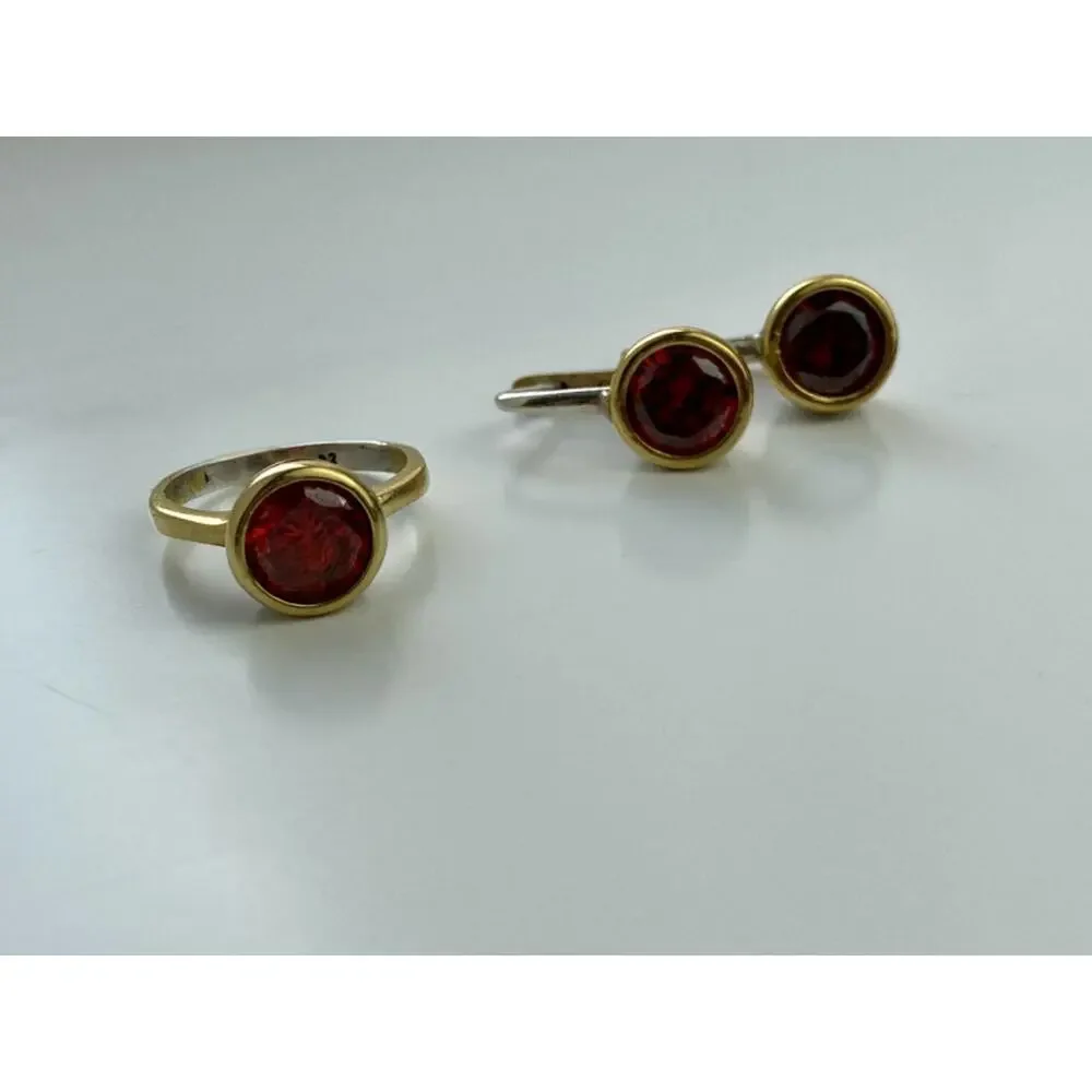 925 STERLING SILVER GOLD PLATED GARNET & CZ JEWELRY SET TURKEY